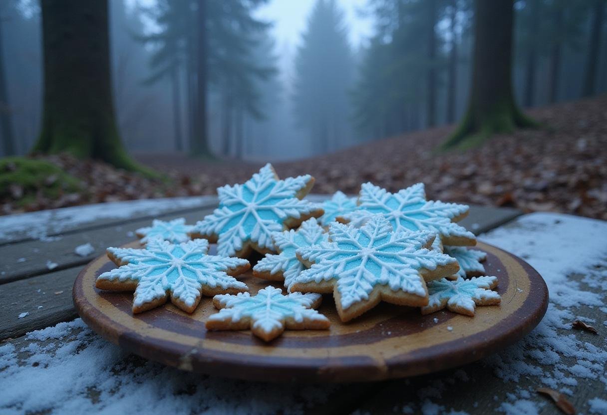 Frozen II's Into the Unknown snowflake cookies displayed on a rustic plate in an enchanted forest setting