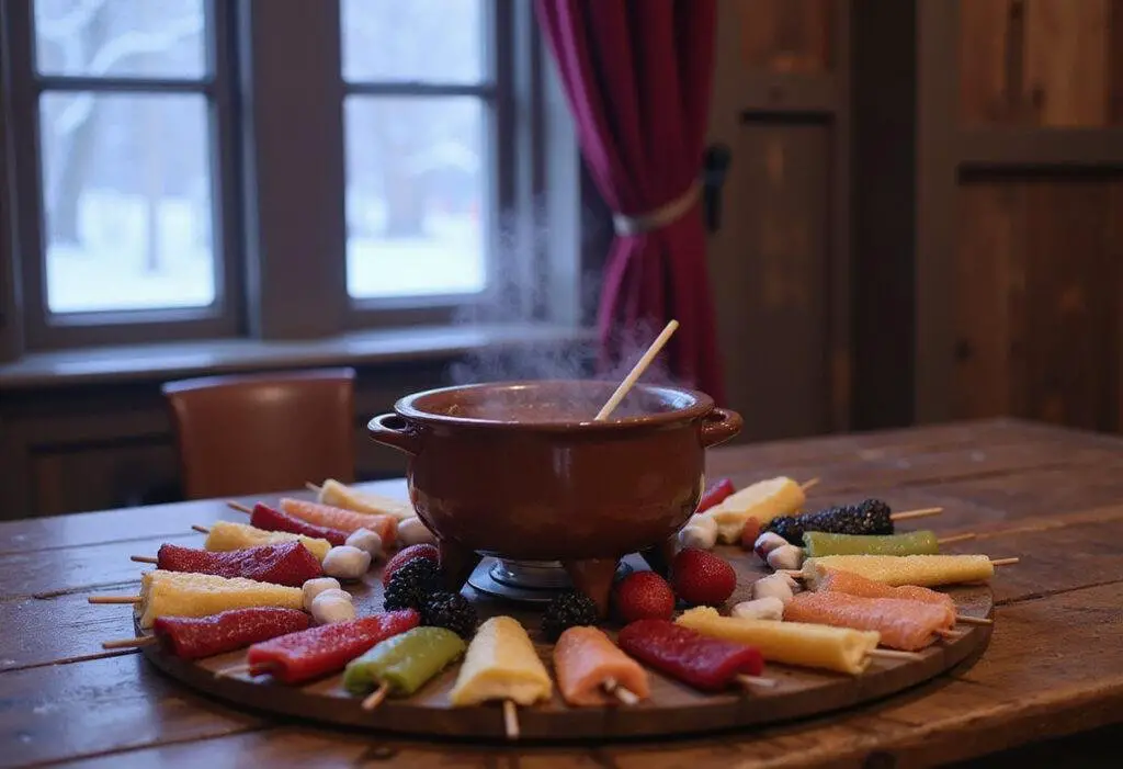Frozen's Anna's Chocolate Fondue in a cozy castle kitchen with melted chocolate and dipping fruits, inspired by Frozen movie setting
