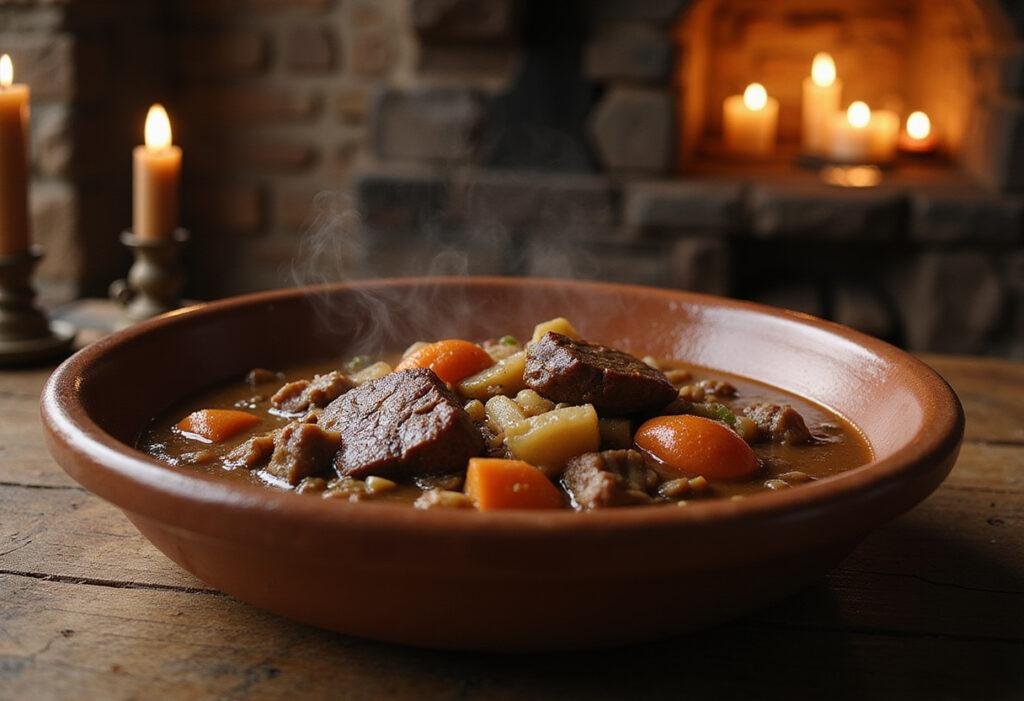 Game of Thrones-inspired beef stew served in a rustic bowl, capturing the medieval flavor of Flea Bottom in King's Landing setting.