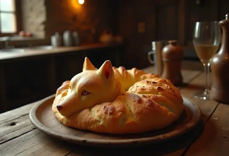 Game of Thrones Hot Pie's direwolf bread baked and displayed on a rustic table, inspired by the show’s medieval setting.