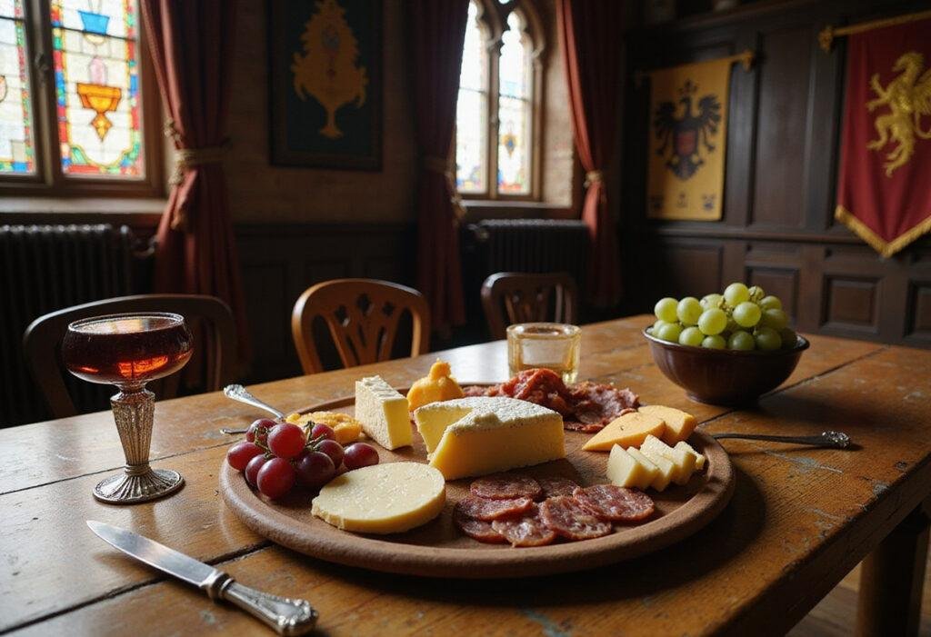 Olenna Tyrell's Cheese and Grapes Platter from Game of Thrones, elegantly arranged on a wooden table with medieval decor.