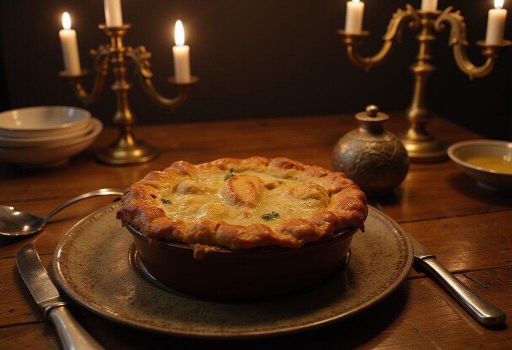 Game of Thrones pigeon pie with flaky crust on a medieval table, representing Westeros food and chicken pot pie tradition
