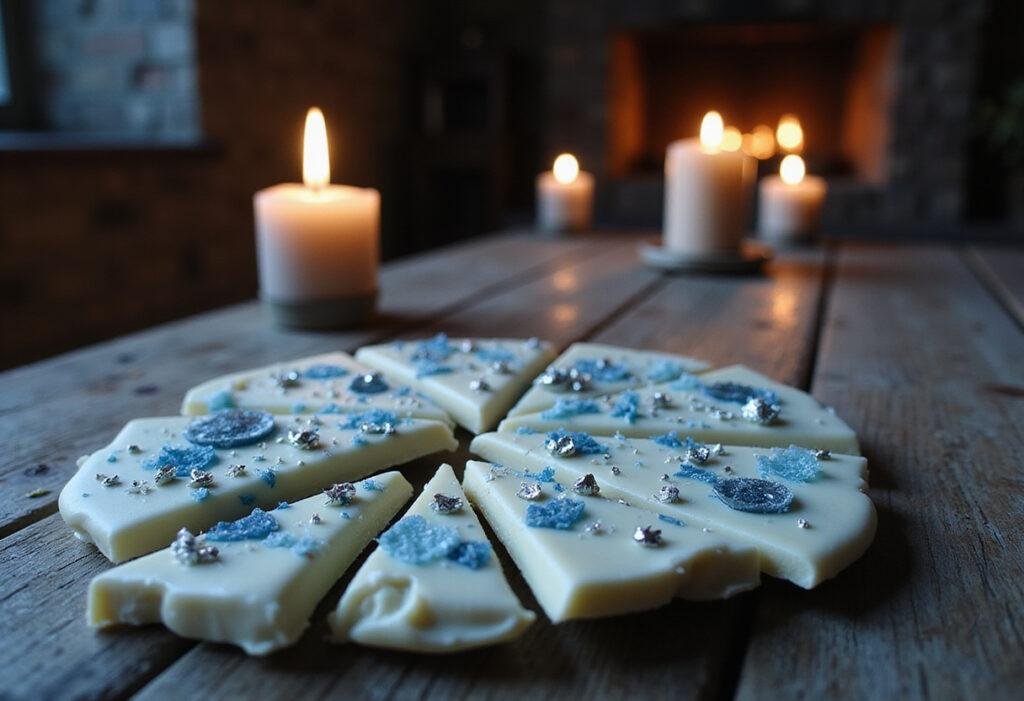 Game of Thrones White Chocolate Bark decorated with icy blue and silver toppings in a castle setting, inspired by the Night King's winter.