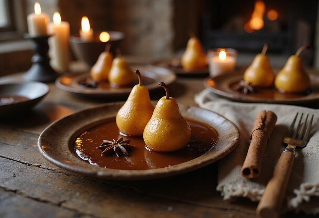 Game of Thrones Tyrion's Spiced Wine Poached Pears served on a rustic wooden table in Westeros-themed setting