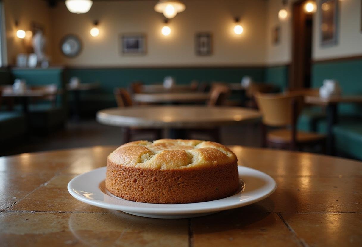Gilmore Girls' Luke's Diner coffee cake served on a plate in a cozy diner setting, highlighting a warm, homemade breakfast moment.