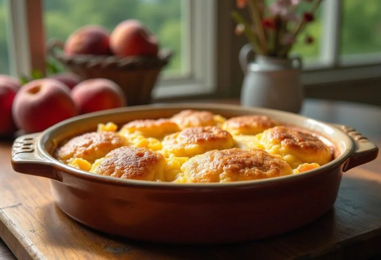 Gone with the Wind's Fiddle-dee-dee Peach Cobbler: a warm Southern peach cobbler in a rustic setting.