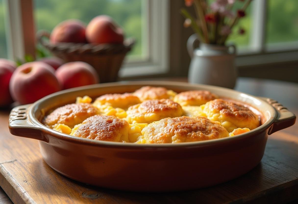 Gone with the Wind's Fiddle-dee-dee Peach Cobbler: a warm Southern peach cobbler in a rustic setting.