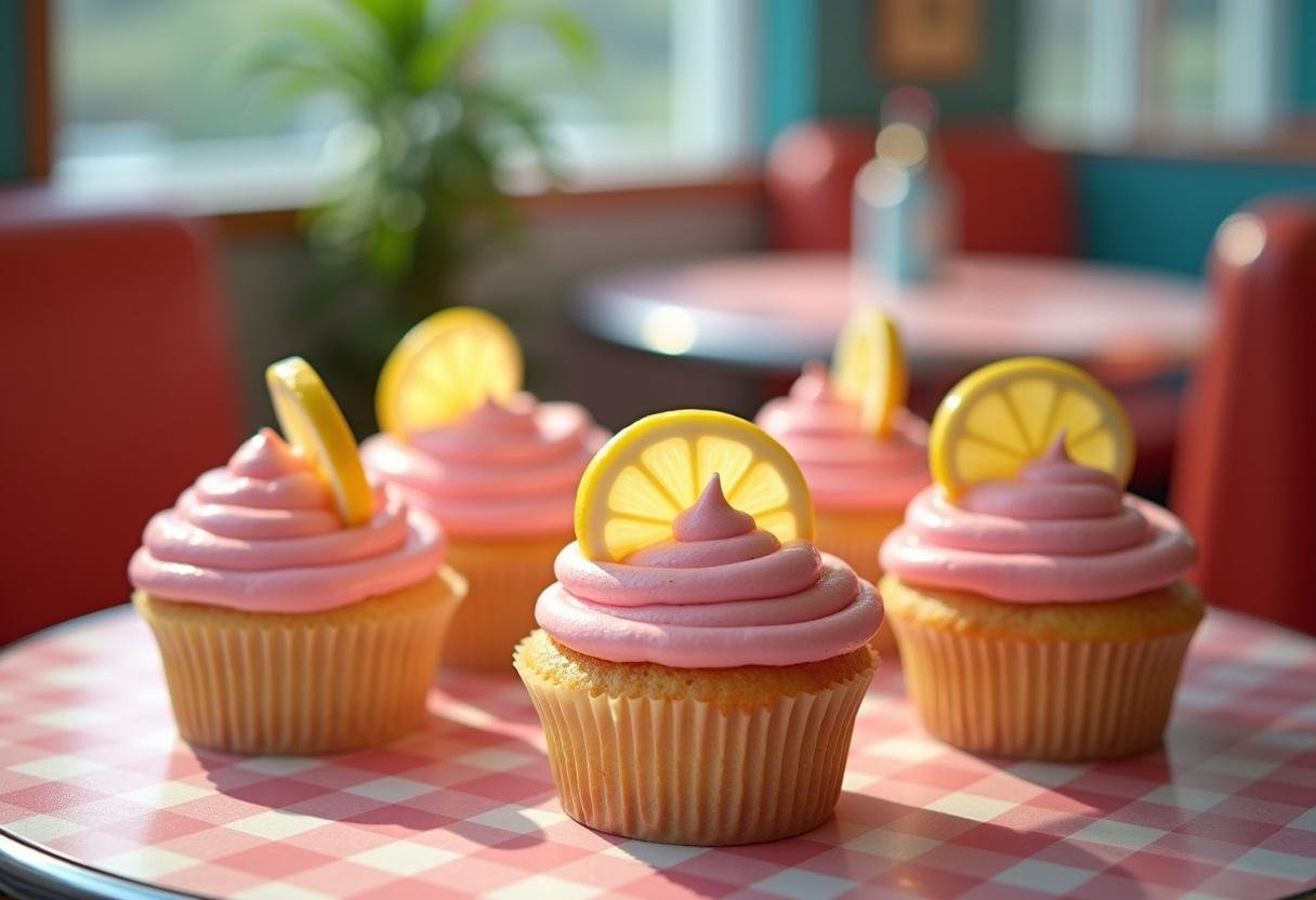 Pink Lemonade Cupcakes inspired by Grease movie, decorated with pink frosting and lemon slices, in a retro 1950s diner setting
