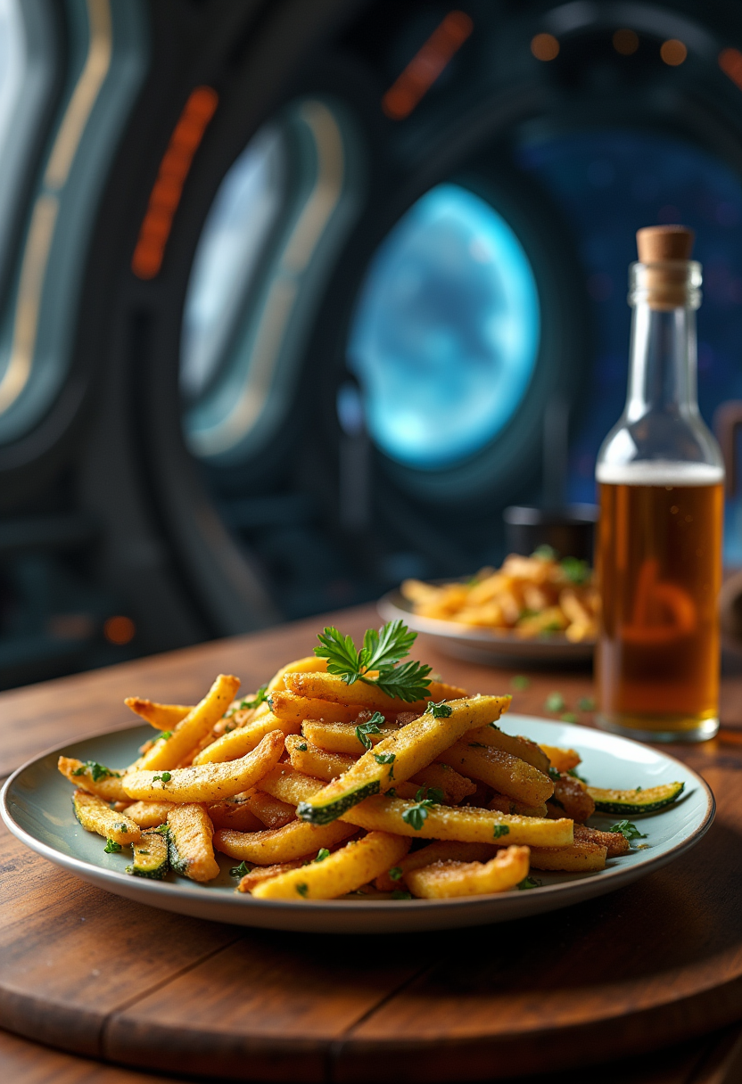 Guardians of the Galaxy Drax's invisible zucchini fries served on a plate with herbs in a spaceship setting, showcasing a healthy snack inspired by the sci-fi universe.