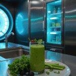 Guardians of the Galaxy Gamora's Deadliest Woman Green Smoothie in a futuristic spaceship kitchen, showcasing vibrant green smoothie in a clear glass with fresh greens and berries.