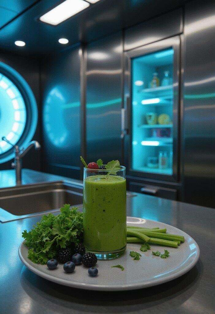 Guardians of the Galaxy Gamora's Deadliest Woman Green Smoothie in a futuristic spaceship kitchen, showcasing vibrant green smoothie in a clear glass with fresh greens and berries.