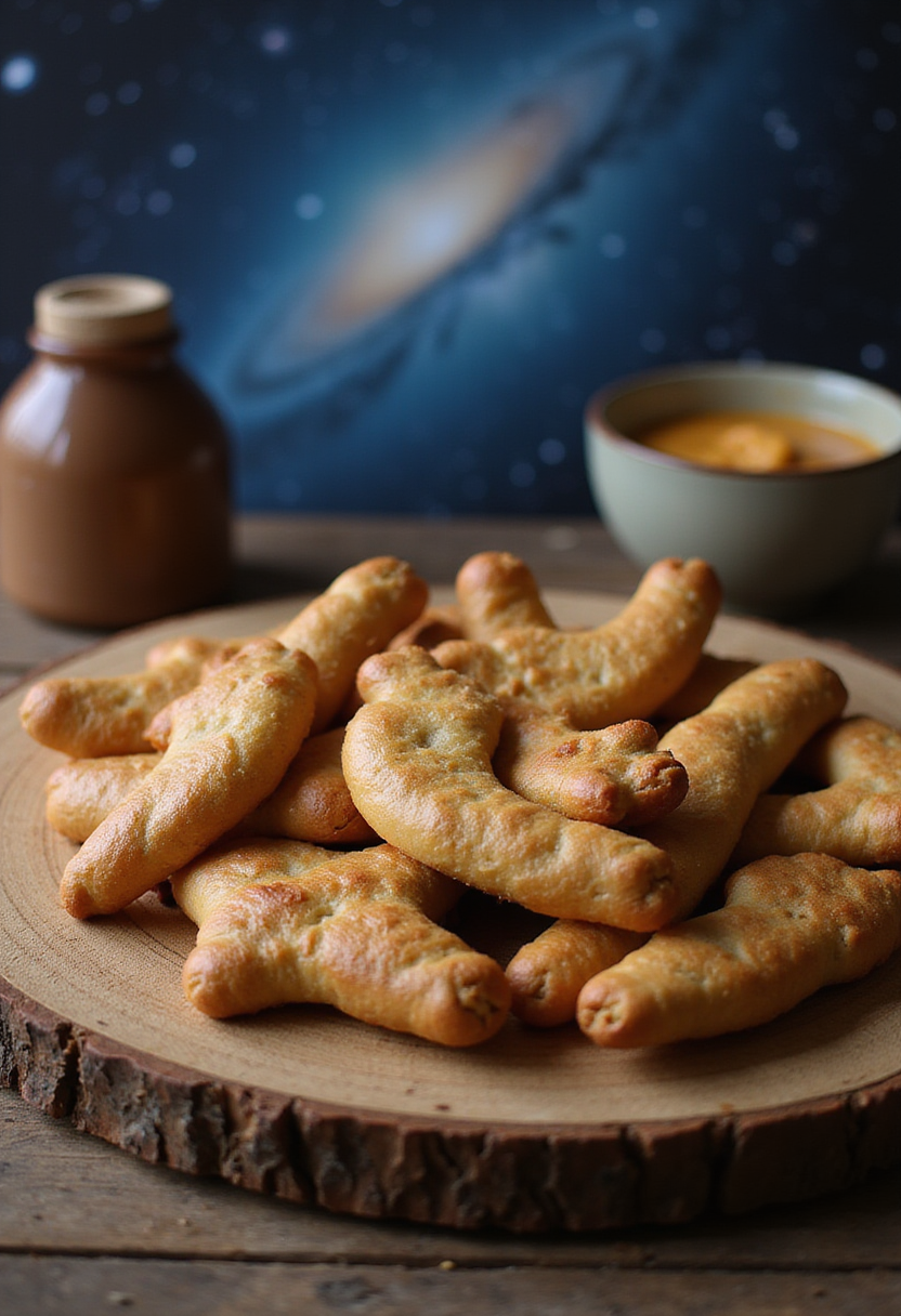 Guardians of the Galaxy Groot's I Am Groot Breadsticks plated in a spaceship setting highlighting playful shapes and a galaxy-themed background.