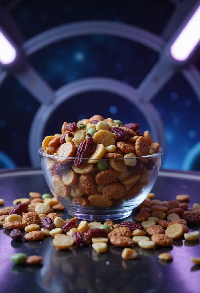 Guardians of the Galaxy Rocket's Trash Panda Trail Mix served in a clear bowl on a spaceship table with space background, vibrant nuts and dried fruits.