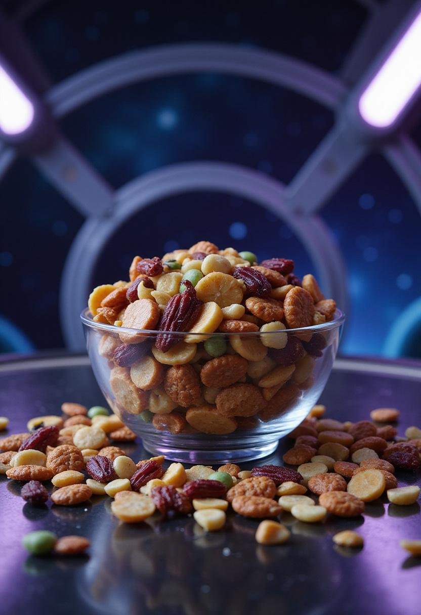 Guardians of the Galaxy Rocket's Trash Panda Trail Mix served in a clear bowl on a spaceship table with space background, vibrant nuts and dried fruits.
