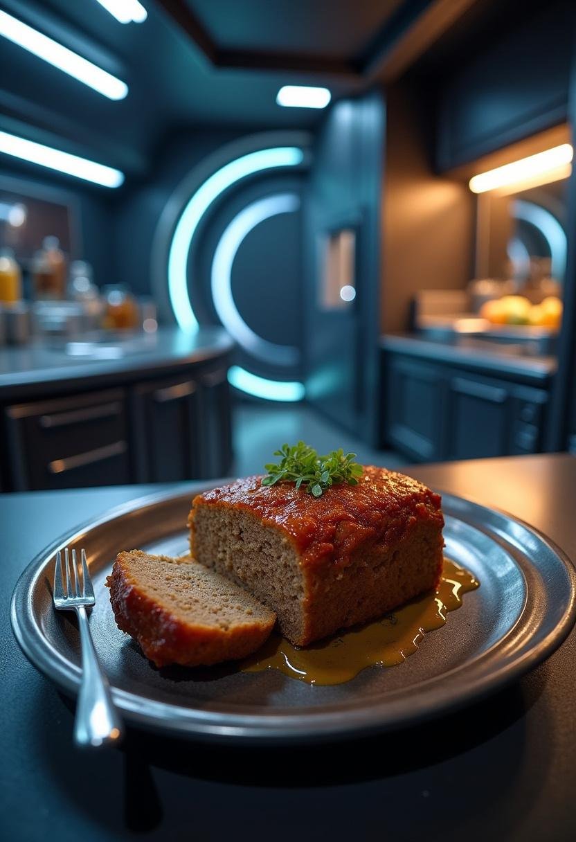 Ronan's Accuser Hammer Meatloaf plated in a spaceship kitchen, featuring a golden crust in a cosmic setting inspired by Guardians of the Galaxy.
