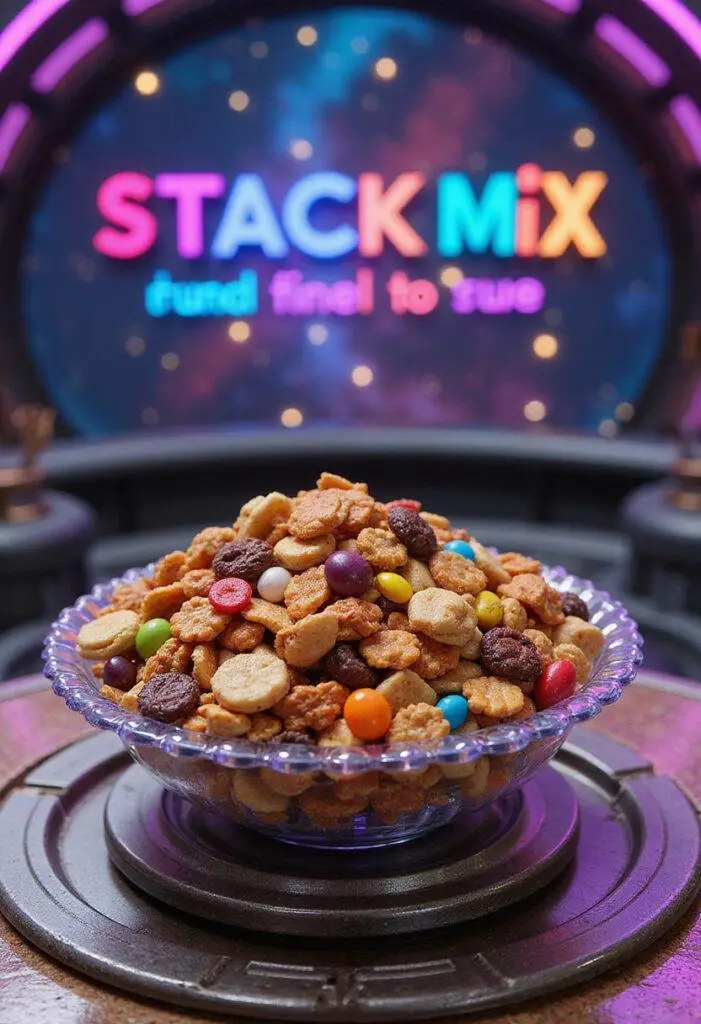 Guardians of the Galaxy Star-Lord's Awesome Mix Snack Mix in a sci-fi themed setting with nuts, dried fruits, and candies on a space-inspired table