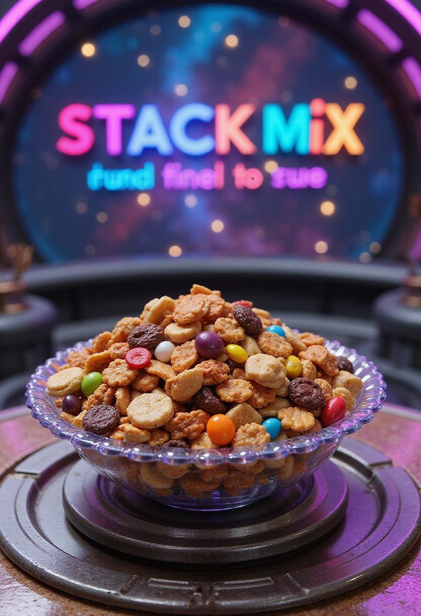 Guardians of the Galaxy Star-Lord's Awesome Mix Snack Mix in a sci-fi themed setting with nuts, dried fruits, and candies on a space-inspired table