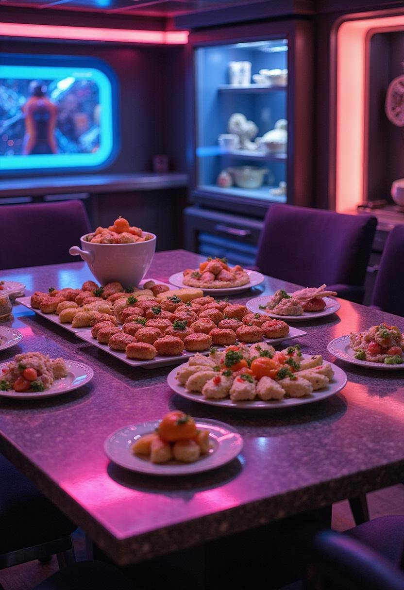 Guardians of the Galaxy The Collector's Collection of Canapés arranged as colorful appetizers on a spaceship table in a sci-fi setting.