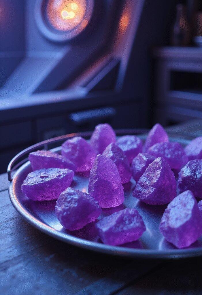 Guardians of the Galaxy The Power Stone Purple Rock Candy displayed on a metallic tray in a sci-fi spaceship kitchen, showcasing vibrant glowing purple crystals.