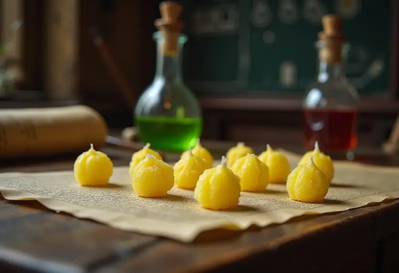 Harry Potter Acid Pops Lemon Drops in a magical Hogwarts potion classroom setting, showcasing Dumbledore's favorite candy on a vintage table.