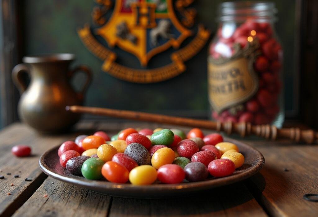 Harry Potter Bertie Bott's Every Flavor Beans jelly bean bark displayed on a wooden table with magical Harry Potter-themed elements for an enchanting look.