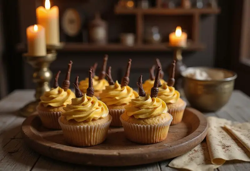 Harry Potter Butterbeer Cupcakes decorated with golden frosting and chocolate broomsticks set in a magical wizarding kitchen