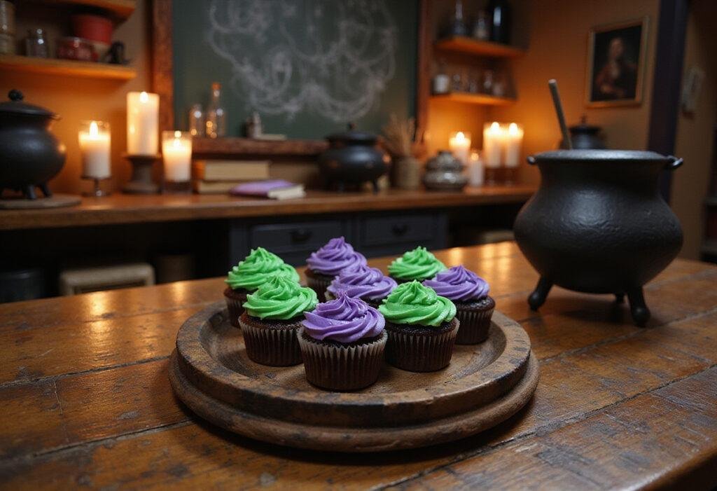 Harry Potter Cauldron Cupcakes on a potion classroom table with magical decorations, perfect for Harry Potter recipes and potions class food.