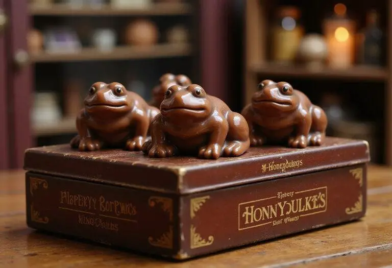 Harry Potter Chocolate Frogs placed on Honeydukes candy box in a wizarding shop setting, realistic and tempting.
