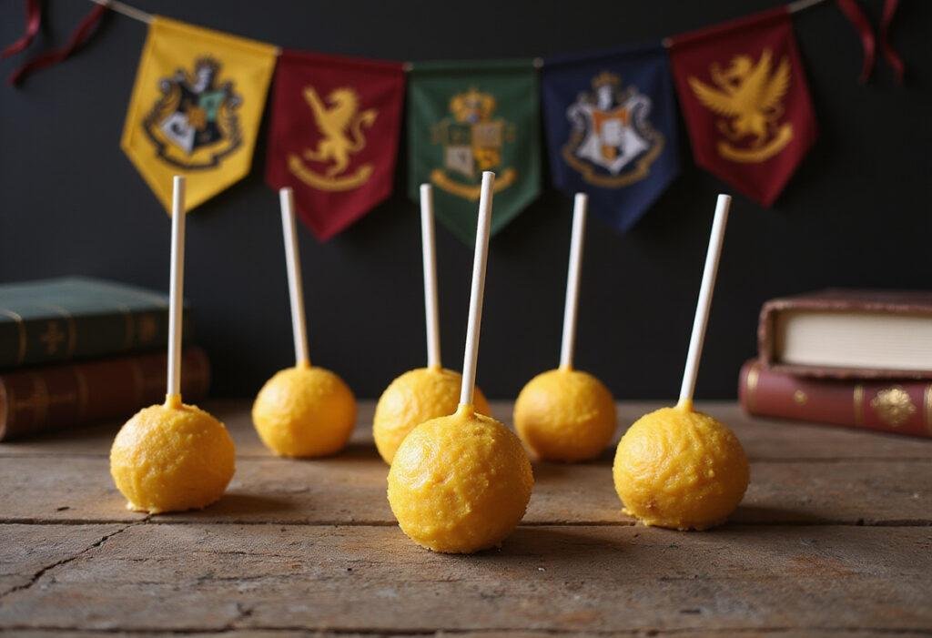 Harry Potter Golden Snitch Cake Pops arranged on a rustic table with Hogwarts-themed decorations, perfect for magical Quidditch celebrations.
