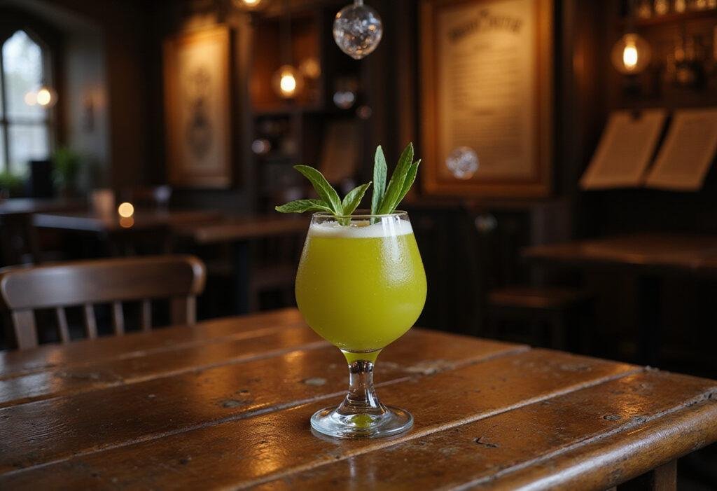 Harry Potter Polyjuice Potion Punch in a magical wizarding pub setting, featuring a vibrant punch in a glass with mystical decorations.