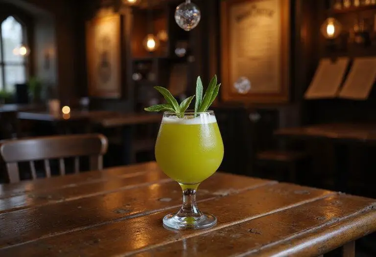 Harry Potter Polyjuice Potion Punch in a magical wizarding pub setting, featuring a vibrant punch in a glass with mystical decorations.