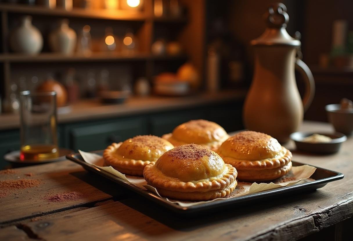 Harry Potter pumpkin pasties displayed in a cozy wizard's kitchen, realistic scene with flaky pastry and warm filling inspired by Hogwarts Express food.