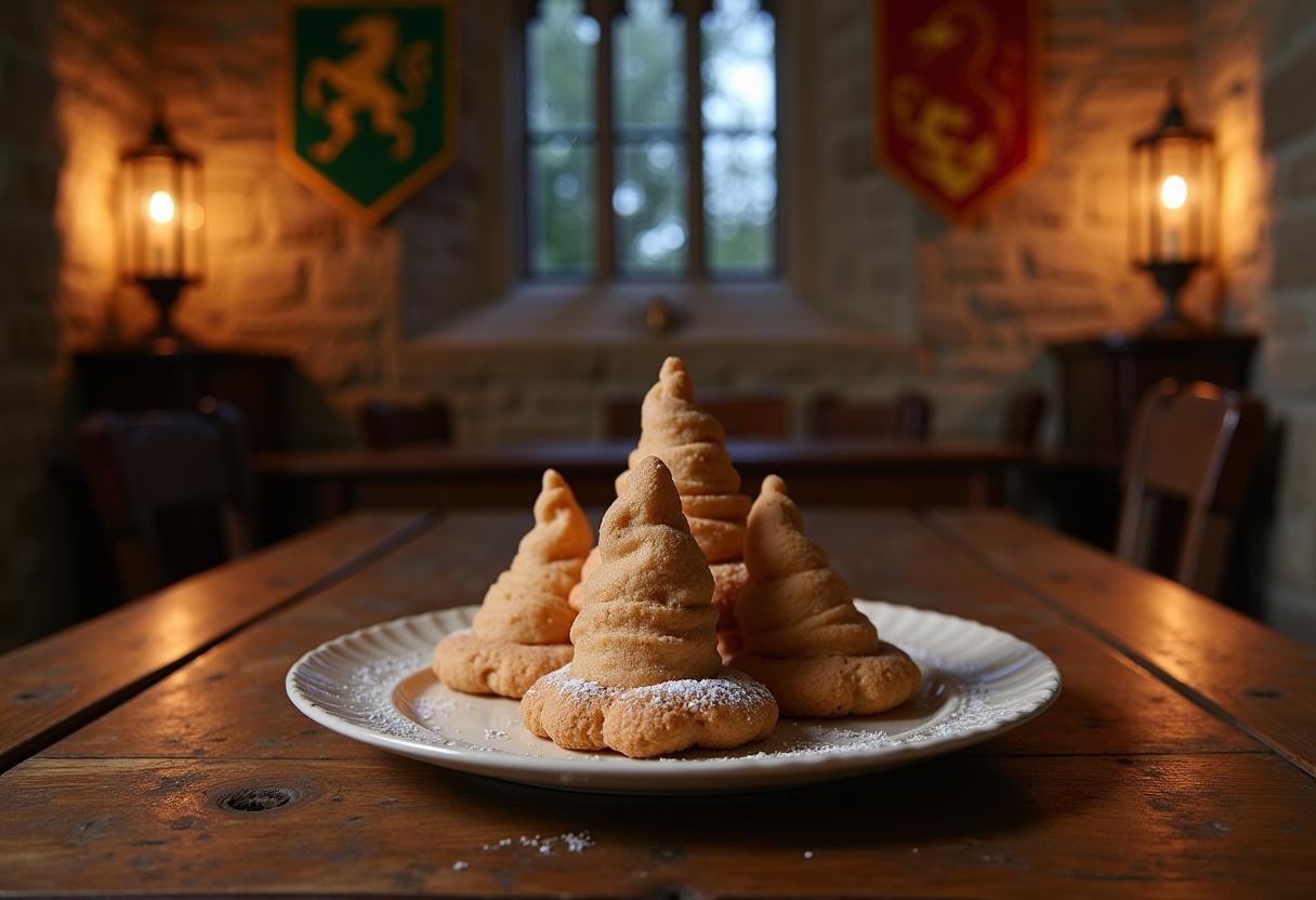 Harry Potter Sorting Hat Cookies on a wooden table in a Hogwarts-themed setting, showcasing detailed icing that mimics the enchanted hat's appearance.