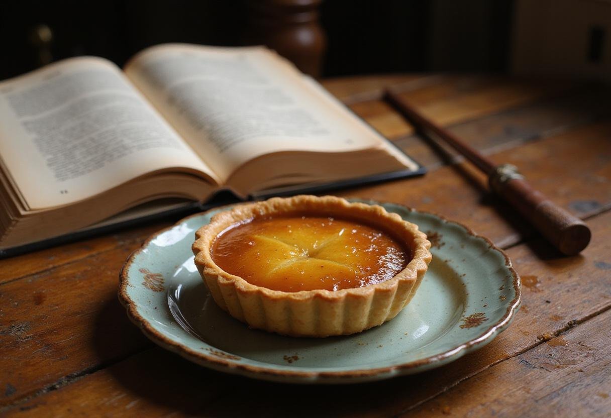 Harry Potter treacle tart on a rustic table, surrounded by wizarding elements, showcasing the iconic and delicious Harry Potter recipe.