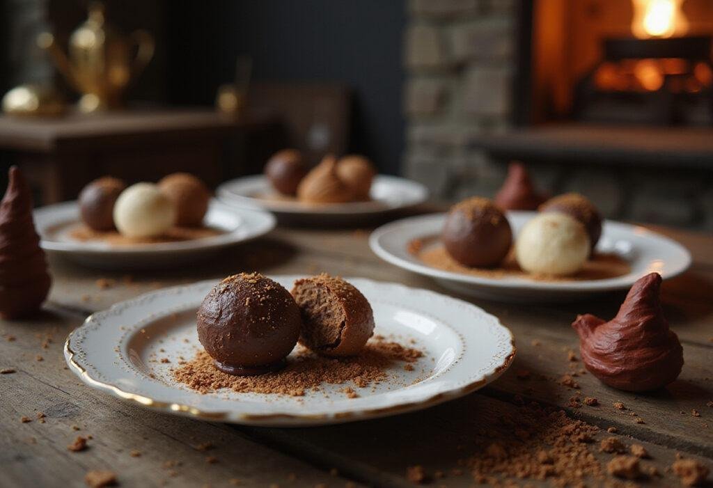 Harry Potter recipes: Triwizard Tournament chocolate truffles beautifully plated in a magical wizarding setting