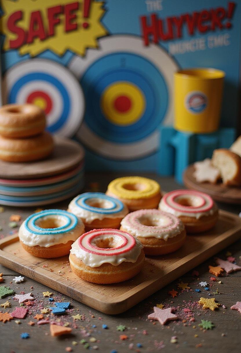 Hawkeye Bullseye Target Donuts placed on a rustic platter with comic-style decorations, featuring colorful glazed donuts with bullseye target designs, in a themed setting.