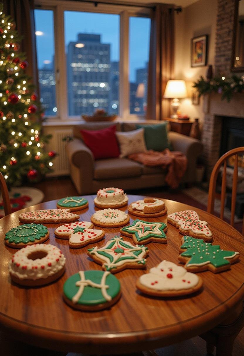 Hawkeye Christmas in New York gingerbread cookies beautifully decorated and displayed on a festive table in a cozy apartment with city views