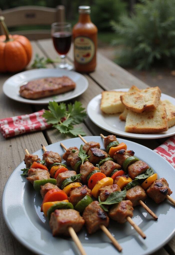 Hawkeye Clint Barton's Trick Arrow Skewers displayed on a rustic table, grilled with vibrant vegetables and meats, perfect for a superhero-themed barbecue.