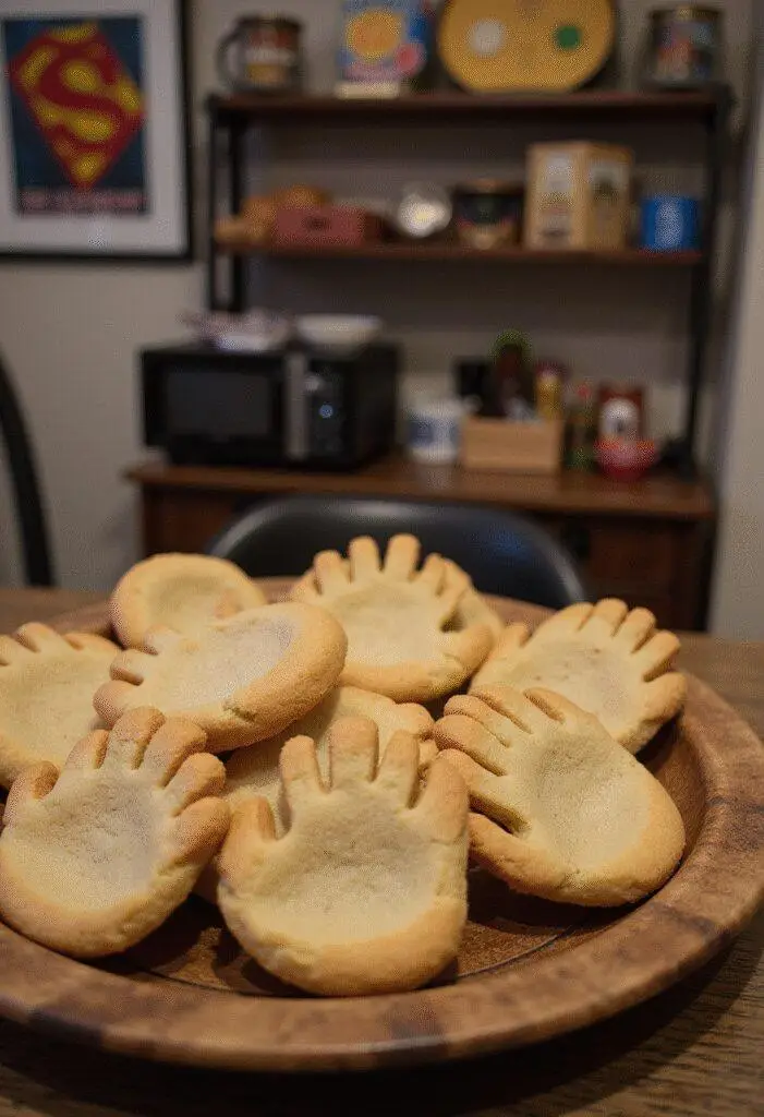 Hawkeye Echo's Handprint Cookies displayed on a rustic plate, featuring handprint designs in a themed kitchen, perfect for fans of superhero treats.