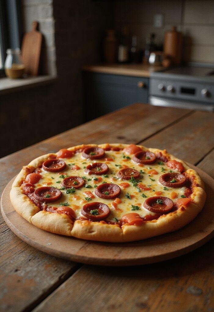 Hawkeye Kate Bishop's Pizza Dog served on a wooden table, featuring a crispy crust, melted cheese, hot dog slices, and fresh toppings, in a Marvel-themed setting.