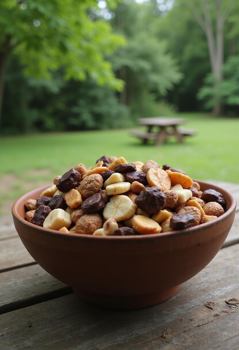 Hawkeye LARPers in the Park Trail Mix in a lush park setting, featuring colorful nuts, dried fruits, and chocolate pieces on a wooden picnic table.