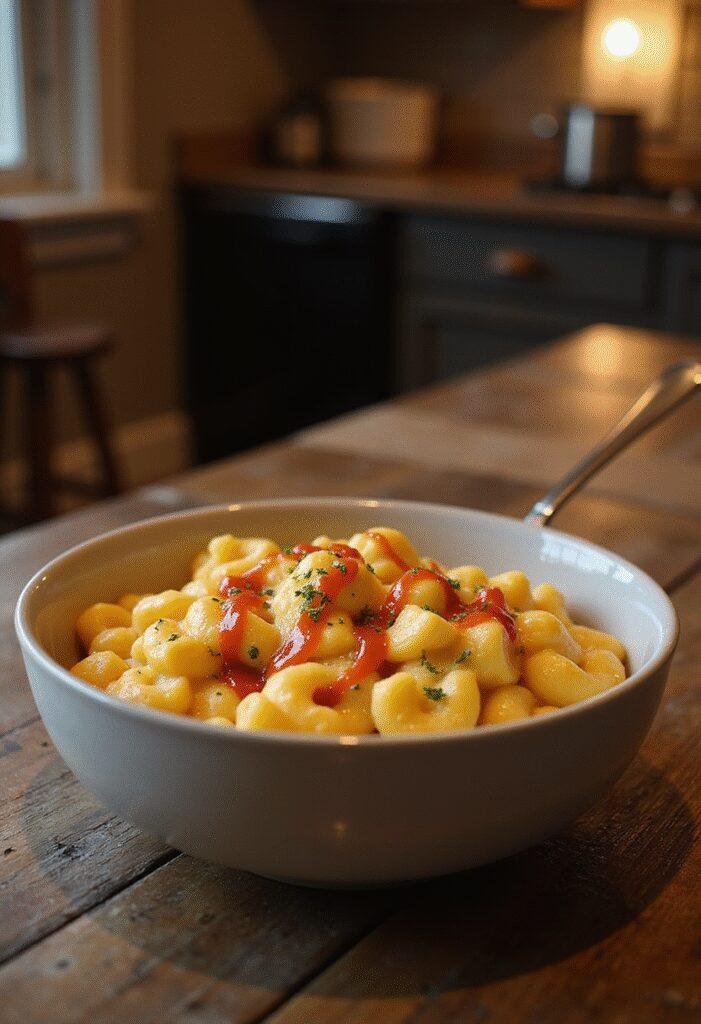 Hawkeye Yelena's Mac and Cheese with Hot Sauce, plated realistically in a cozy kitchen setting, highlighting the creamy texture and spicy hot sauce topping.