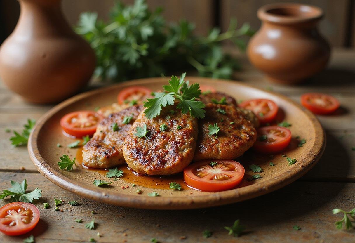 Hercules' Hero Gyros plated on a rustic wooden dish with fresh herbs and tomatoes, showcasing authentic Greek food in a Mediterranean setting.