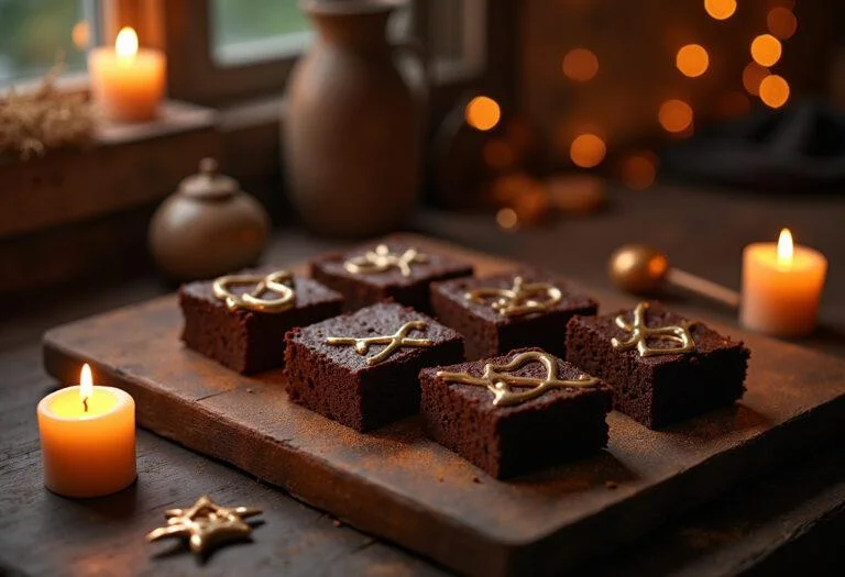 Hocus Pocus' Book of Spells Brownies displayed on a wooden table in a mystical kitchen with Halloween decorations, perfect for Halloween movie food.