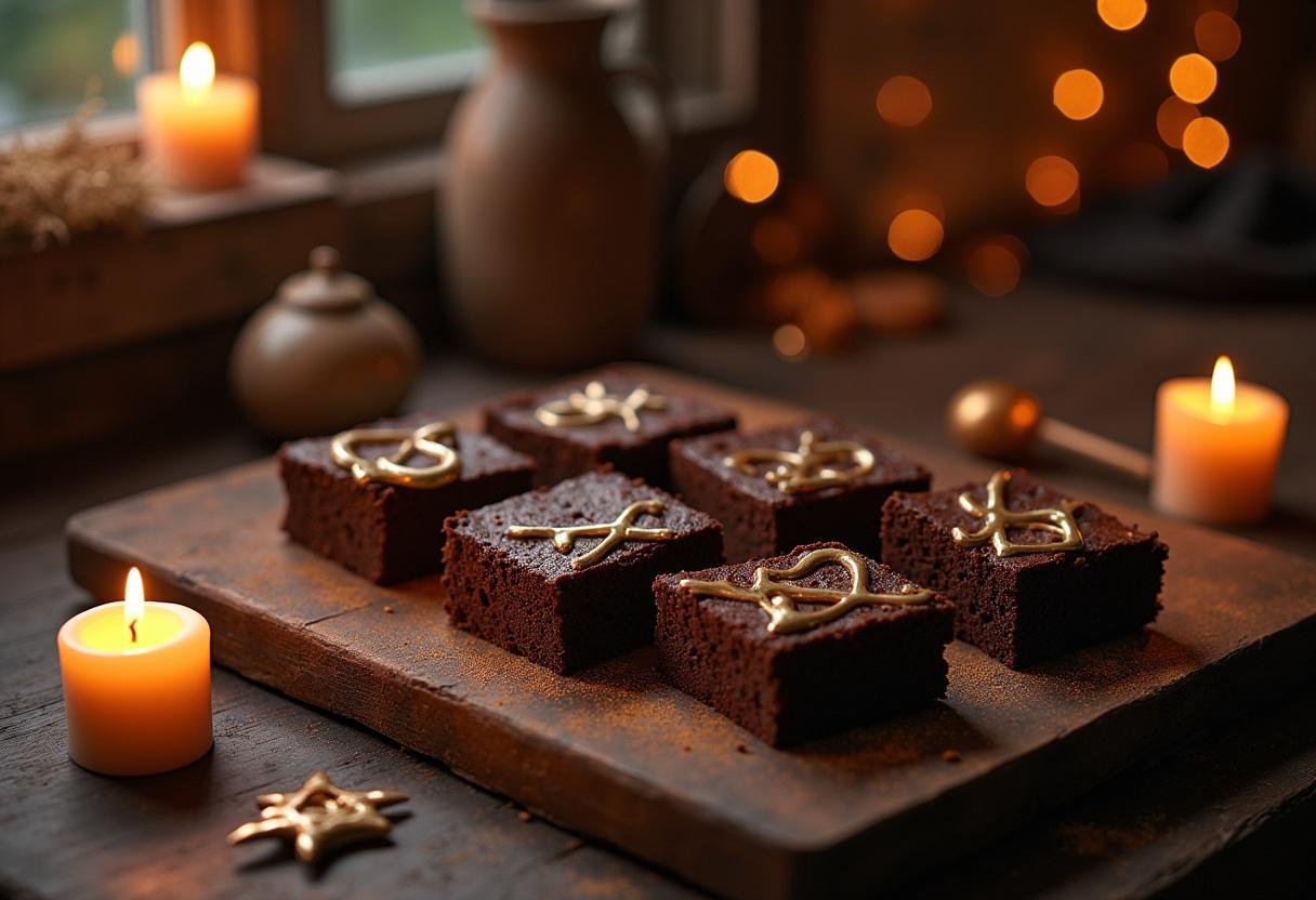 Hocus Pocus' Book of Spells Brownies displayed on a wooden table in a mystical kitchen with Halloween decorations, perfect for Halloween movie food.