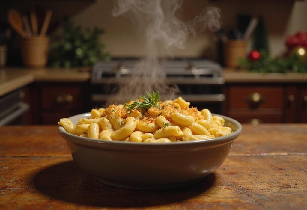Home Alone's highly nutritious macaroni and cheese dinner served in a cozy kitchen, featuring a creamy, golden-brown dish with fresh herbs, inspired by Kevin McCallister's favorite food.