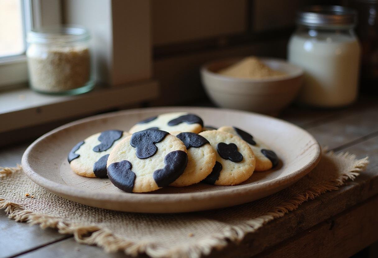 Cow print cookies on a rustic plate in a farm-themed kitchen, inspired by Home on the Range, showcasing black and white patterned cookies in a cozy farmhouse setting.