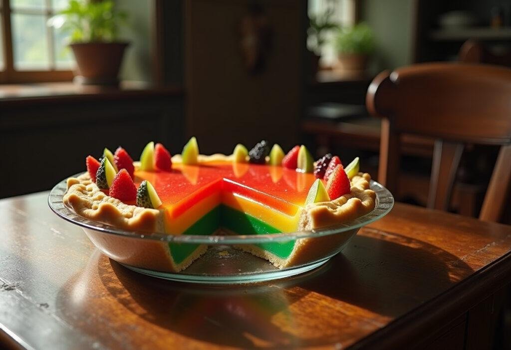 Hook's Imaginary Rainbow Jello Pie displayed on a wooden kitchen table with colorful layers and fresh fruit, inspired by Hook movie recipes and Lost Boys food.