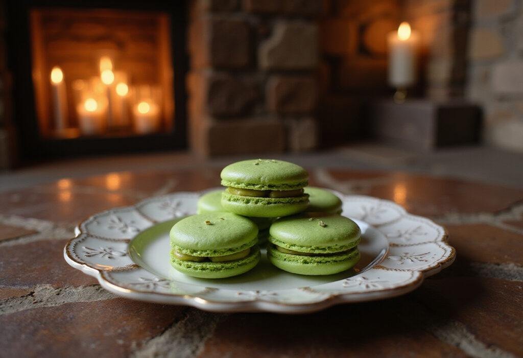 House of the Dragon Alicent's Green Gown Pistachio Macarons beautifully plated in a medieval-inspired setting, perfect for fans of the fantasy series.