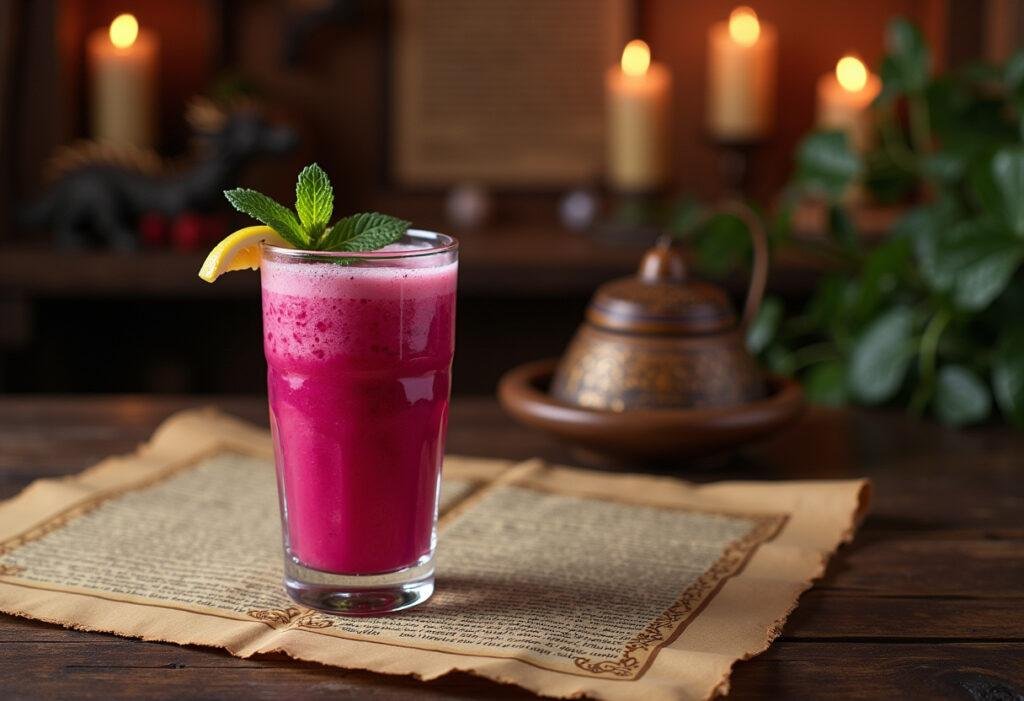 Dragon fruit smoothie inspired by House of the Dragon, featuring vibrant colors and medieval fantasy decor, embodying Daenerys Targaryen's fiery theme.